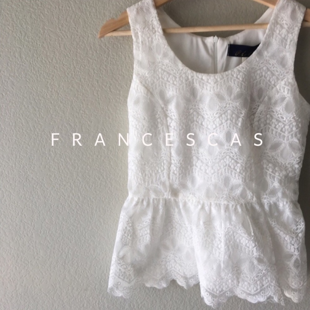 NWT Francesca’s Blue Rain white lace top
